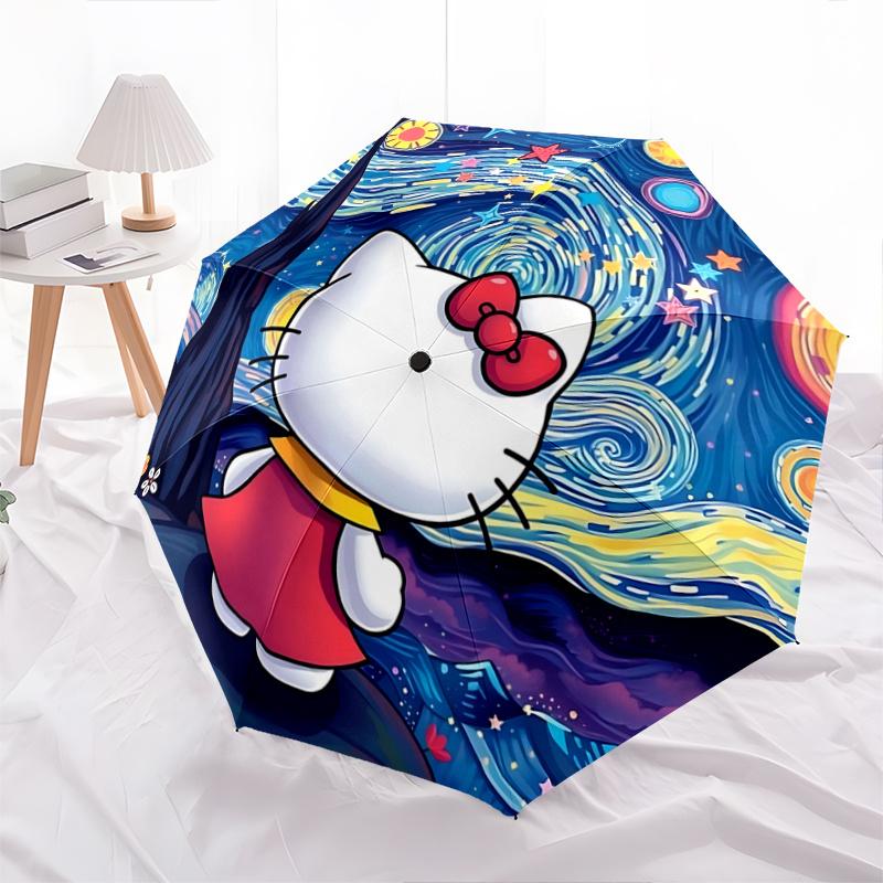 

1pc Hello Kitty Starry Night Automatic Opening Folding Umbrella - Portable 3-Fold Design with Iron Frame, Perfect for Outdoor Use, Festive Gifts, Trav