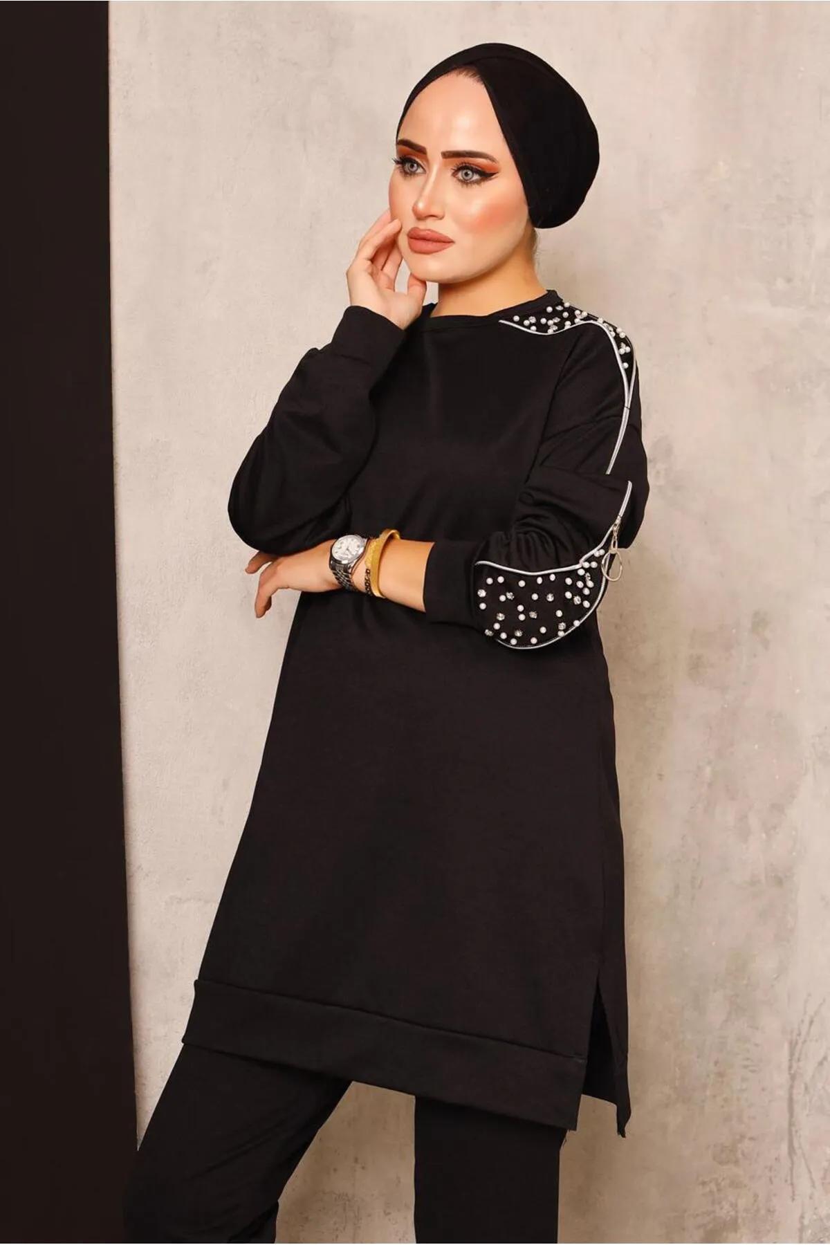 

Женский комплект из длинной туники и брюк в хиджабе с жемчугом и молнией M чёрный