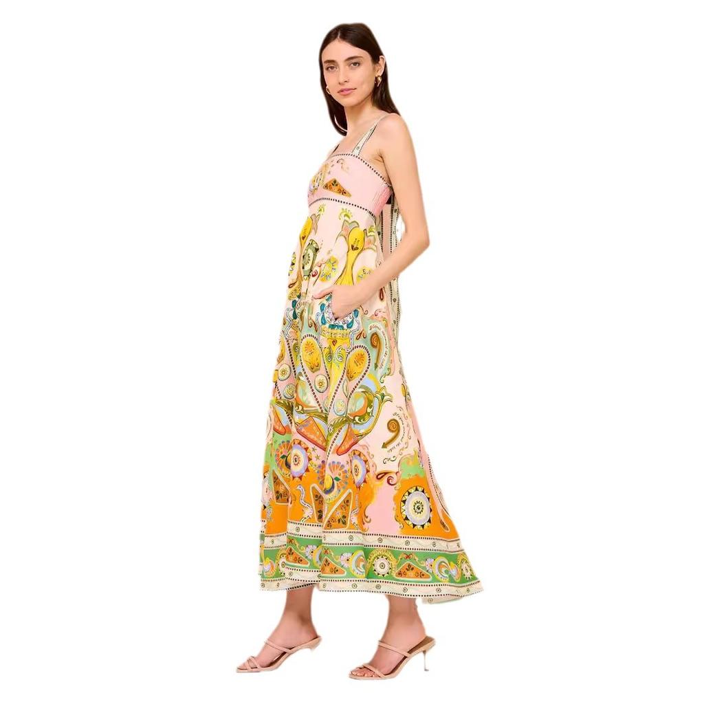 2026 new European and American sexy suspender graffiti cotton and linen printing big pendulum dress women
