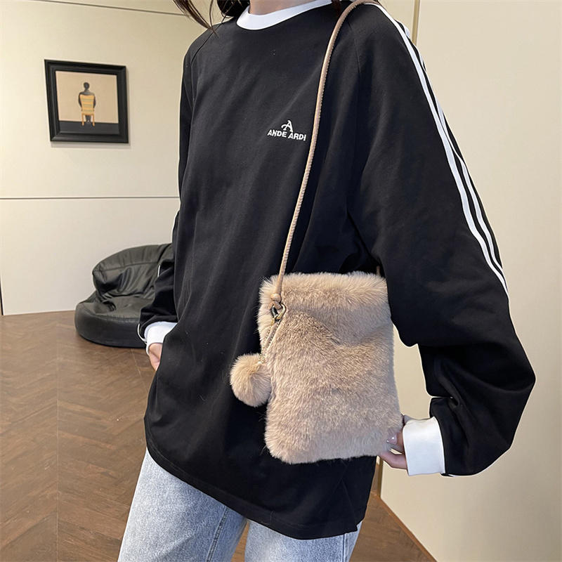 Plush Phone Bag Autumn and Winter Solid Color Elegant Women's Durable Girl Fur Hanging Rope Bag Crossbody Coin Purse