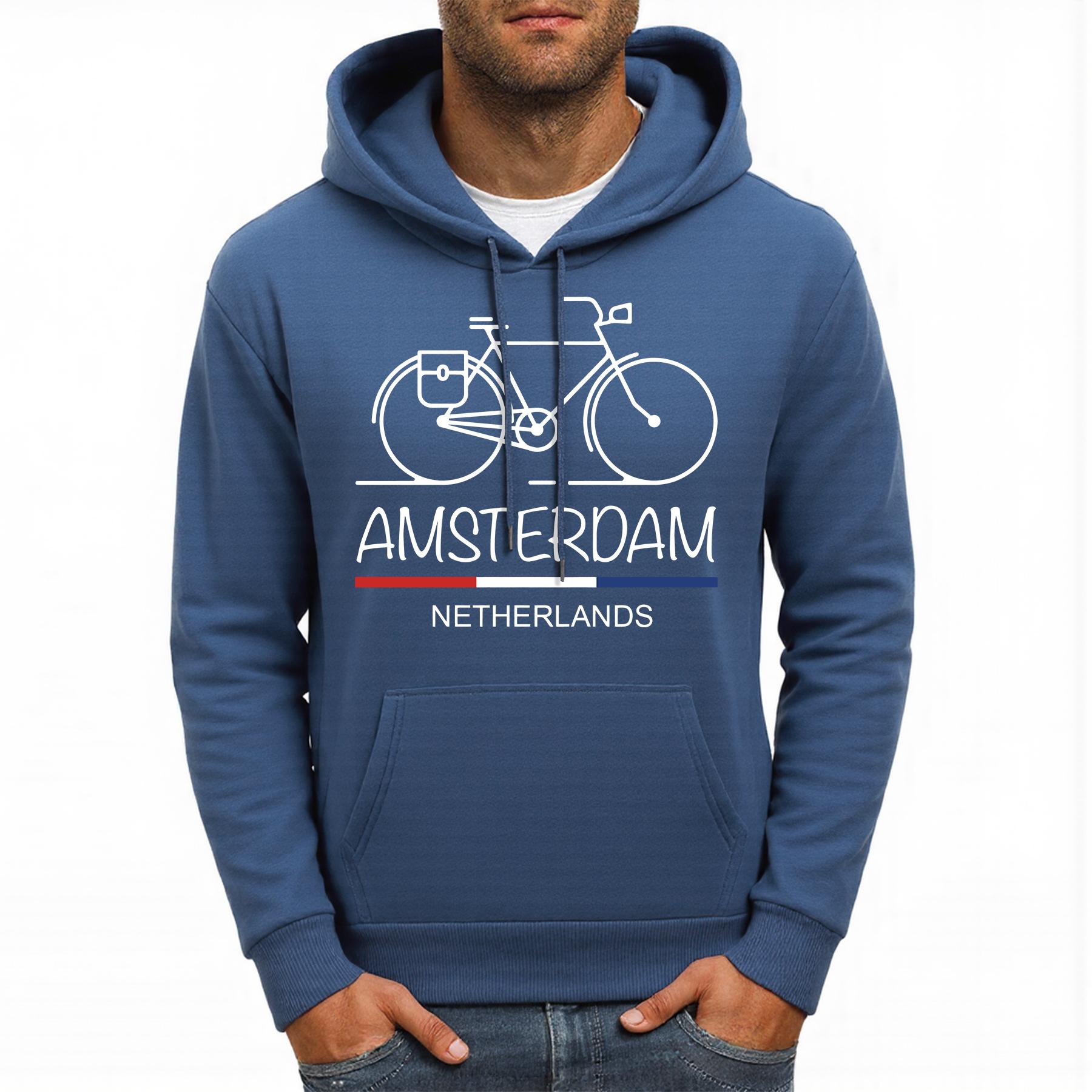 GUOYAN TOP Amsterdam Nederland Fiets Print Mannen Hoodie Fleece Zacht Hoody Casual Meerkleurig Pullover Comfortabel Los Streetwear M
