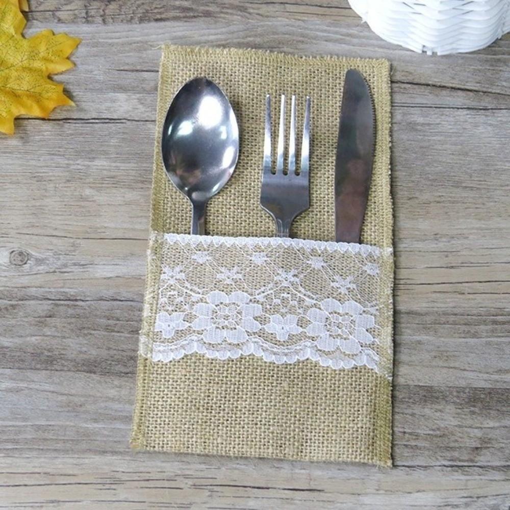 Portable Rustic Style Linen Lace Cutlery Bag Lace Burlap Fork Bag Decorative Chopsticks Sleeve Desktop Ornaments
