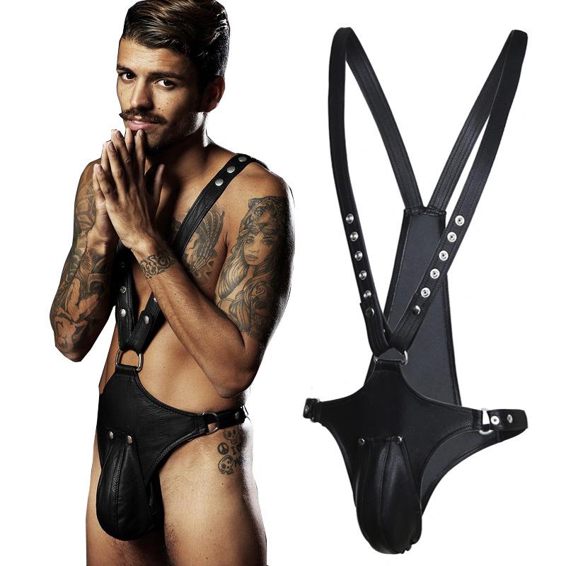 Men's European and American Style Sexy Patent Leather Jumpsuit for Clubs and Bars