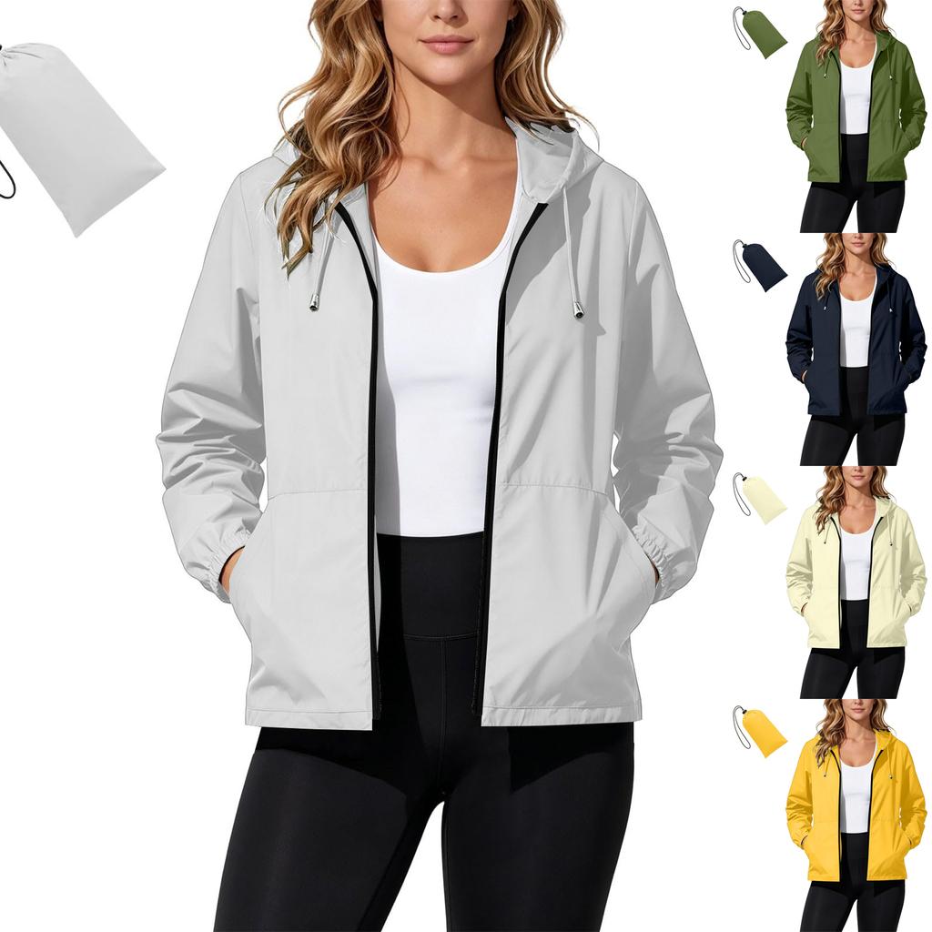 Wasserdichte Winddichte Kapuzenjacke für Damen, Leichter Reißverschluss-Regenmantel für Draußen mit Verstellbarem Kordelzug und Taschen für Reisen und Wandern
