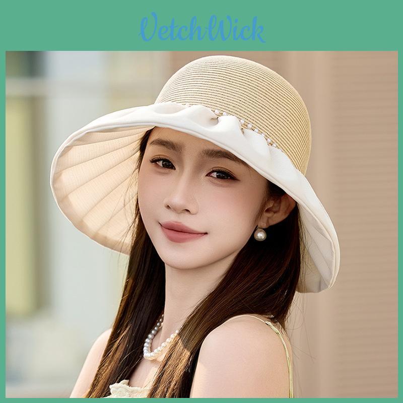 Womens Summer Sun Hat With Pearl Accent And Breathable Polyester Material For Sunshade And Style