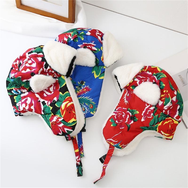 Ethnic Warm Hat Trapper Hat Stylish Floral Caps Warm Hat Ushanka Hat for Outdoor Winter Mask for Skiing Camping Hiking