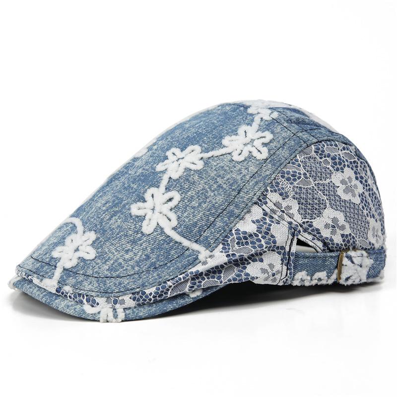

Flower Embroidery Splicing Lace Beret Mori Japanese Spring And Summer Cowboy Forward Hat Personalized Cap adjustable середній синього кольору