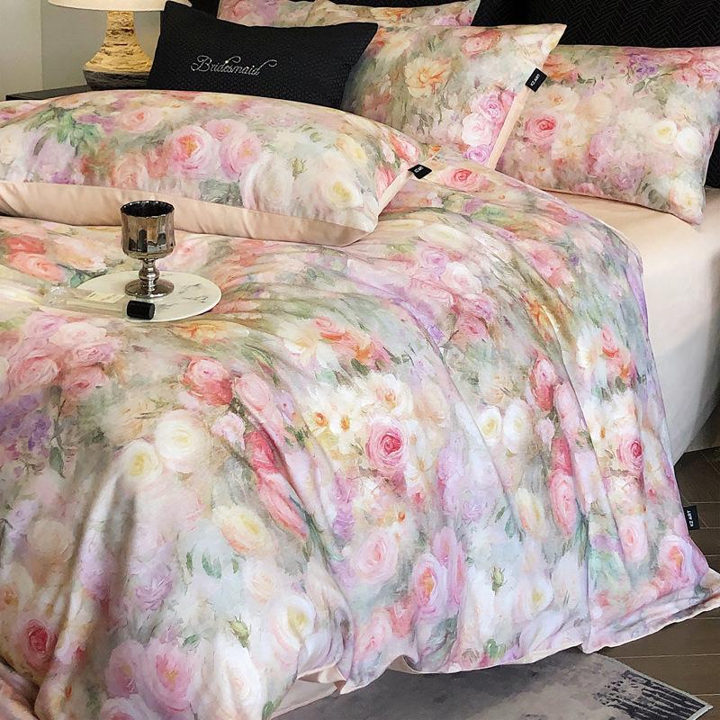 French Pastoral Oil Painting Style 100S Pure Cotton Satin Long-Staple Cotton Four-Piece Digital Printing Bedding