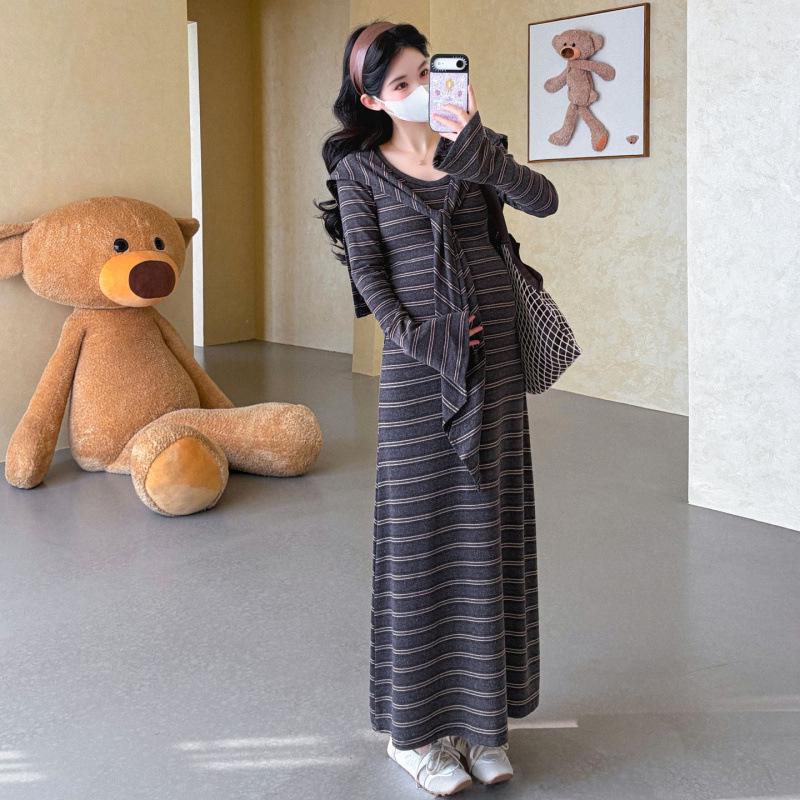Korean Style Spring 2026 Maternity Striped Shawl Two-Piece Dress Set Extra Large