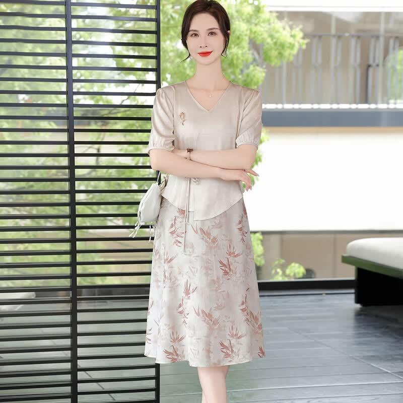 Tang Furen Elegant V-Neck Printed Summer Set