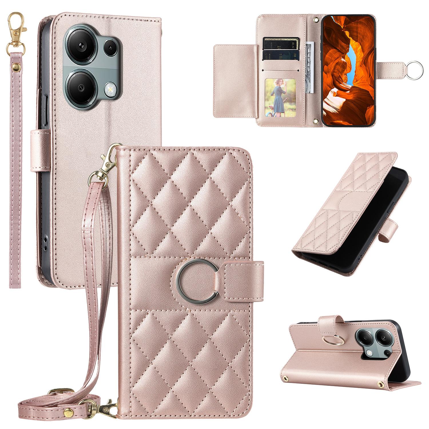 

For Xiaomi Poco M6 Pro 4G/Redmi Note 13 Pro 4G Crossbody Leather Case Wallet Stand Rhombus Mobile Cover Rose Gold