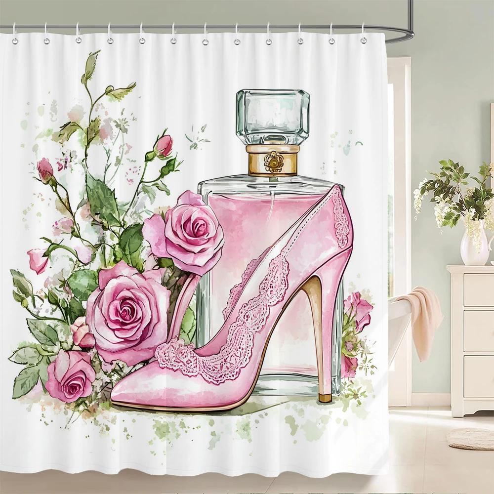 Modern and Fashionable Perfume and Flower Style Shower Curtain Bathroom Bath Curtain Home Decoration Curtain With Hooks