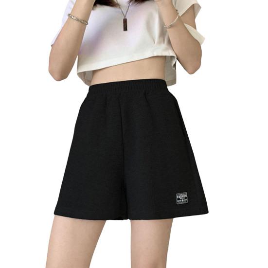 Kurze Hose mit elastischer Taille und Waffel-Design, hohe Taille, lockeres Polyester, Sommer, weites Bein, Sweatshorts für Damen