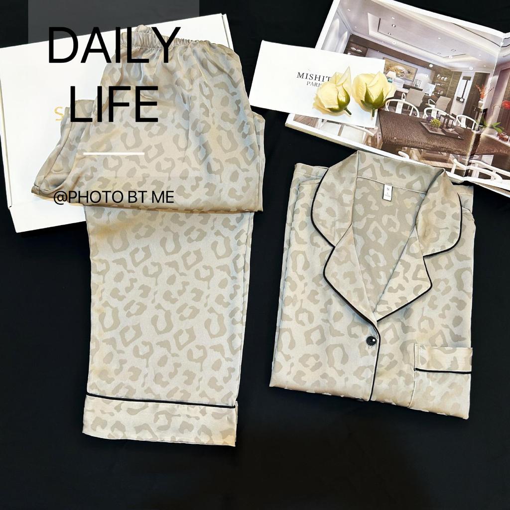 Leopard Print Jacquard Ice Silk Unisex Pajama Set - Long Sleeve Imitation Silk Homewear