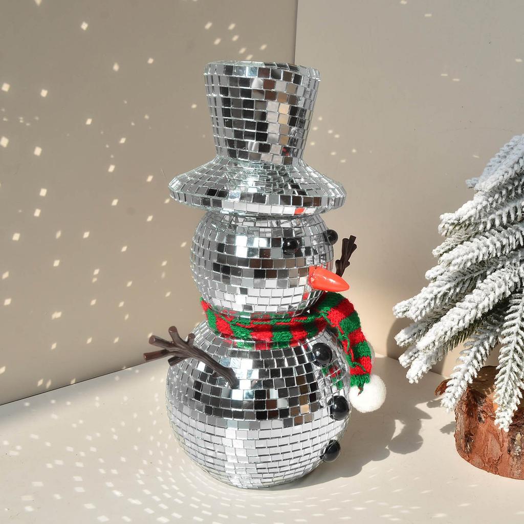Christmas Snowman Disco Ball Statue Reflective Winter Decoration, With Knitted Scarf And Hat, Suitable For Holiday Fireplaces, Holiday Gatherings