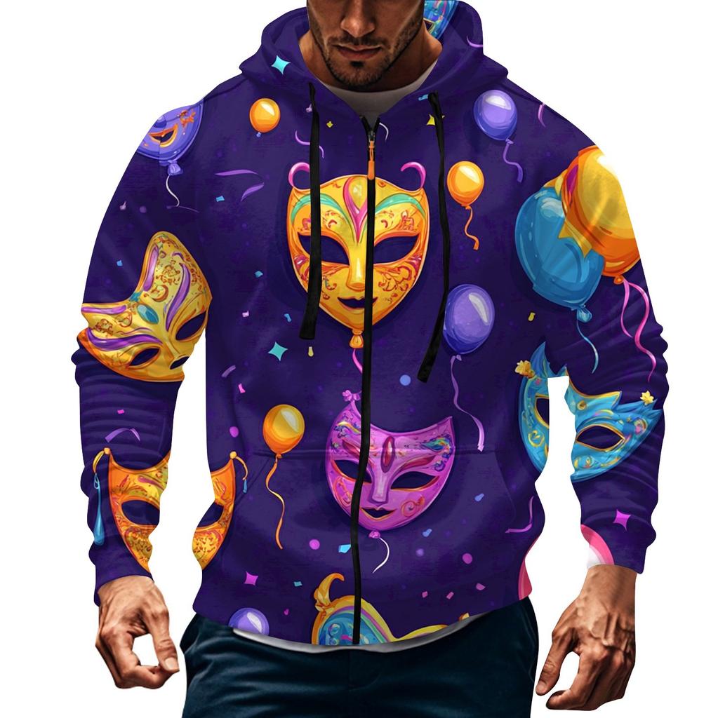 Men's Sports Casual Fleece Hoodie Carnival Print Hoodie Cardigan Zipper Multi-pocket Hoodie Coat