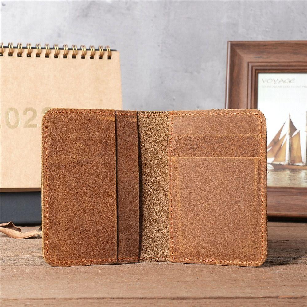 Vintage Genuine Leather Men's Card Holder Minimalist Small Wallet Brown Thin Purse Credit Card ID Card