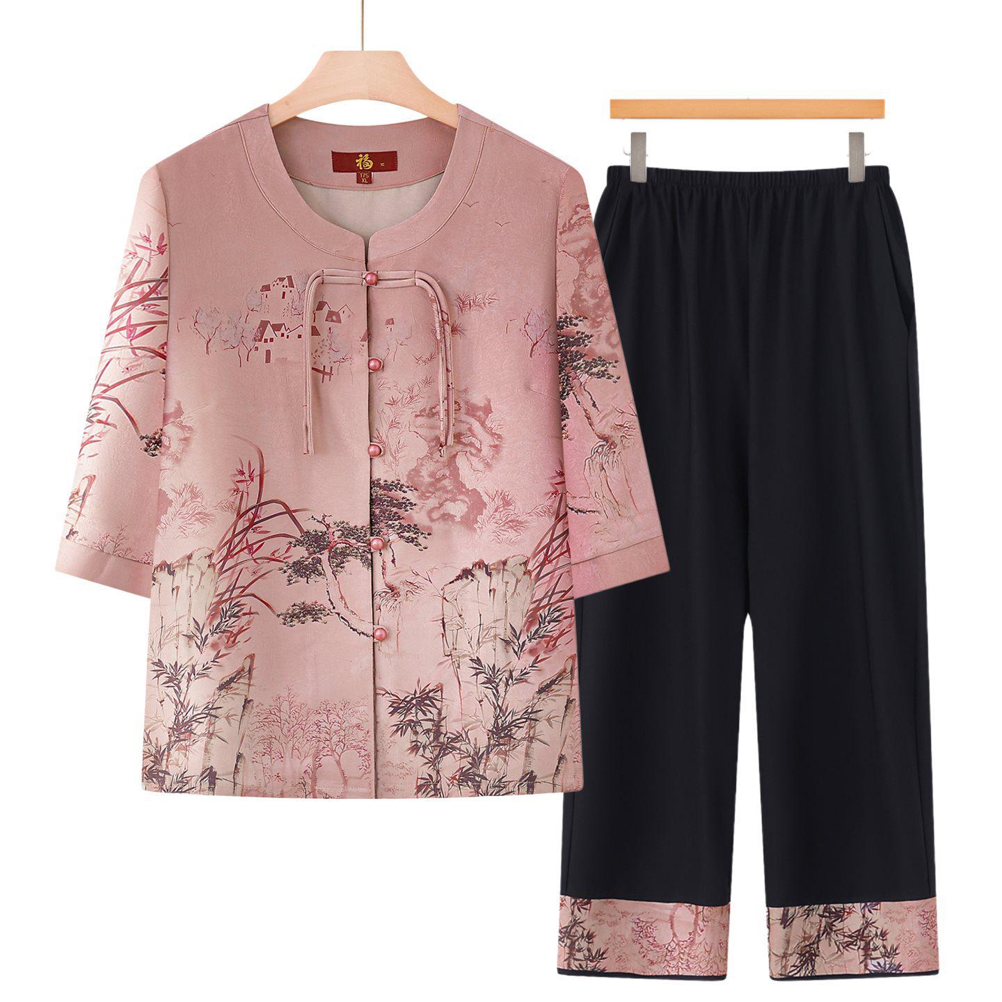 

Elegant Chinese Summer Outfit: Short-Sleeved Top & Two-Piece Set for Middle-Aged and Elderly Women 2XL (recommended for 100-115 jin)