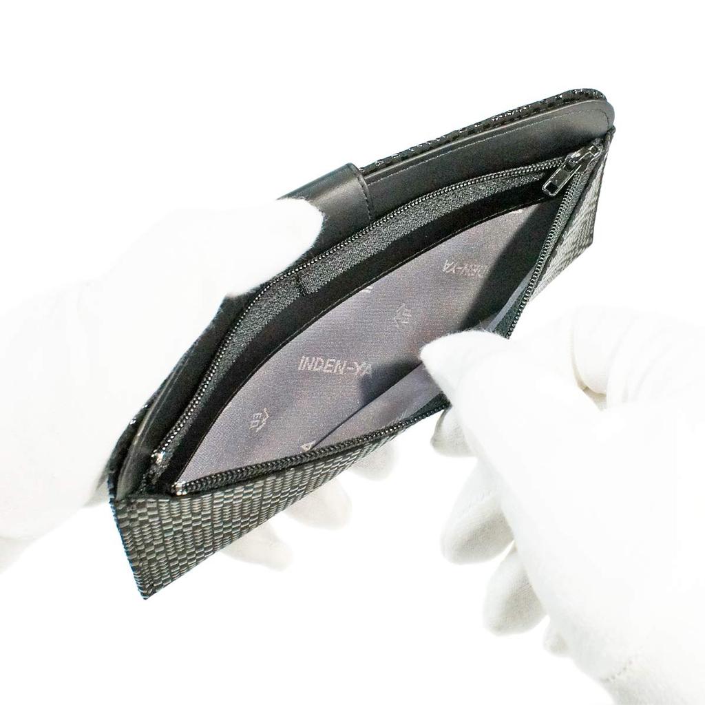 [Inden-ya] Inden Langbörse, Groß, Dünn, Hirschleder, Schwarz mit Schwarzem Lack, Kleines Karomuster, 2107-01-167