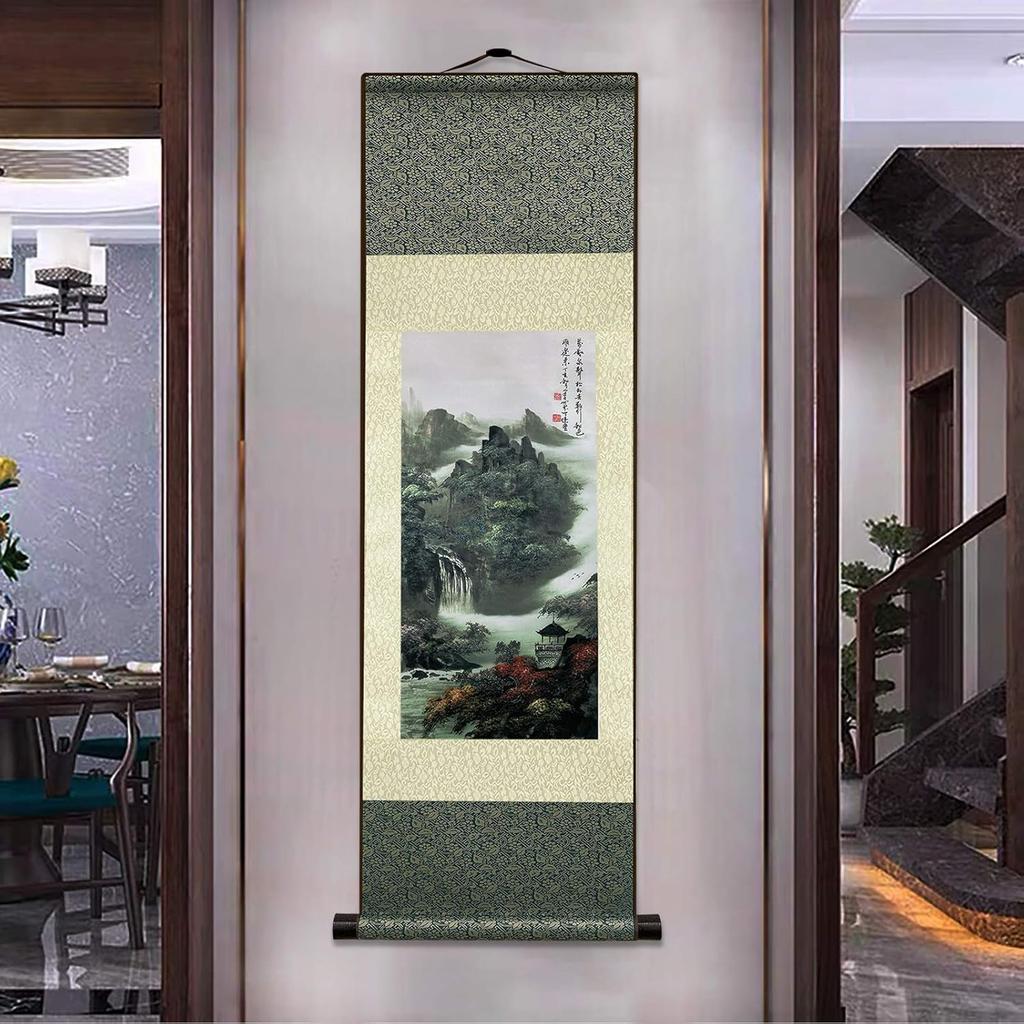AtfArt Asian Wall Decor - Beautiful Silk Scroll Painting of Waterfall River Landscape - Mountain Spring Autumn Color Oriental Decor Chinese Art Wall