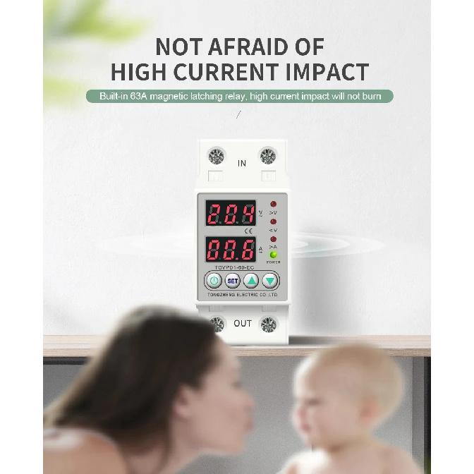 Din Rail Dual Display Adjustable Over Voltage Current And Under Voltage Protective Device Protector Relay 40A 63A 80A 220V 230V