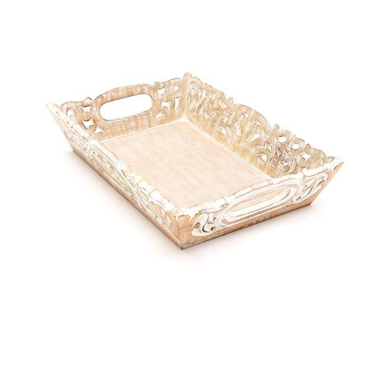 Set of 2 Andal Carved Serving Tray Mango Wood, MDF with White Wash Finish