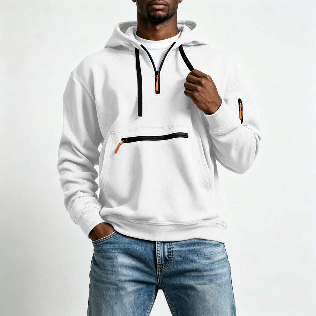 Men's Half Zip Hoodie with Decorative Pockets for Outdoor Sports and Casual Wear