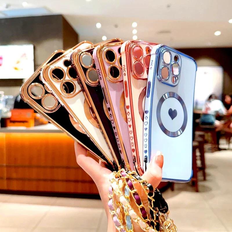 Plating TPU Case For iPhone 17 16 15 14 13 12 Pro Max Plus Air 16Pro 15Pro 14Pro for Magsafe Charge Wrist Lanyard Bracelet Cover