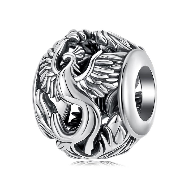 BAMOER 925 Silber Phönix Fliegender Drache Charm Passend für Armband, Retro Runde Hohlperlen DIY Schmuckzubehör
