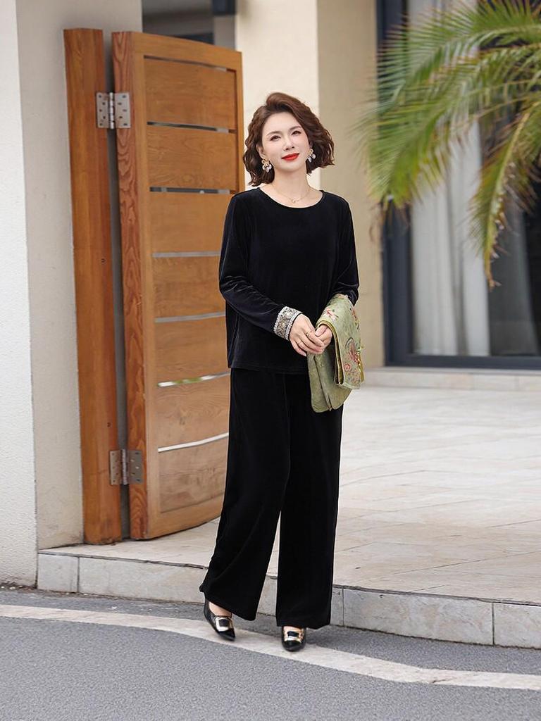Elegant Jacquard Embroidered Gold Velvet Vest Set for Middle-Aged Women - Chinese Style Spring/Autumn Wear