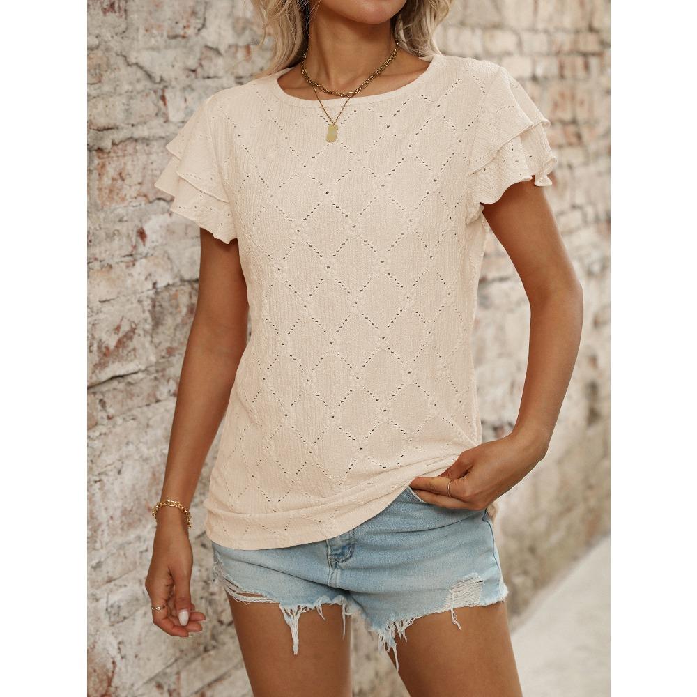 Damen Sommer Neuer Stil Einfarbig Rundhals Süß Kurzarm T-Shirt Ausgehöhltes Oberteil