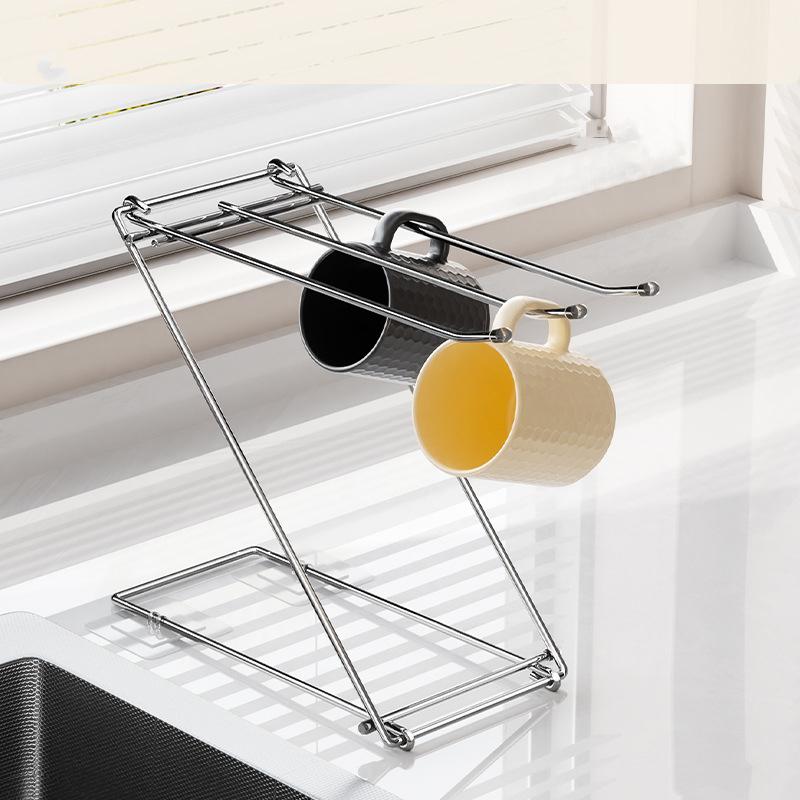 HeMu Stainless Steel Rag Rack Foldable Kitchen Table Top Drain Rack Multifunctional Brush Cup Storage Rack