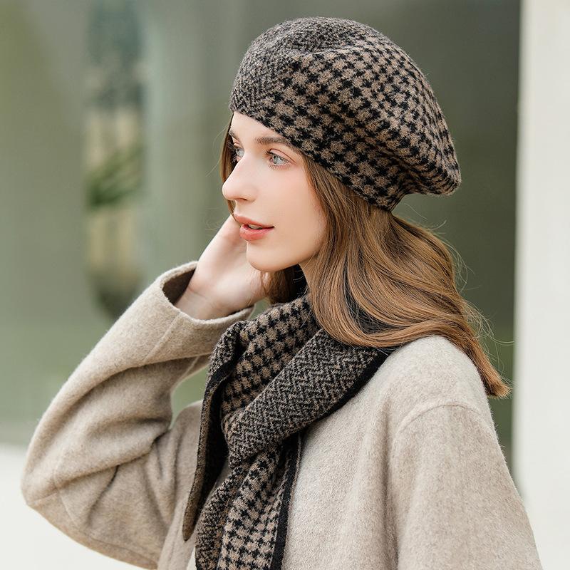 New Checkerboard Autumn and Winter Knitted Beret Children Retro Fashion Flat Top Beanie Painter Hat