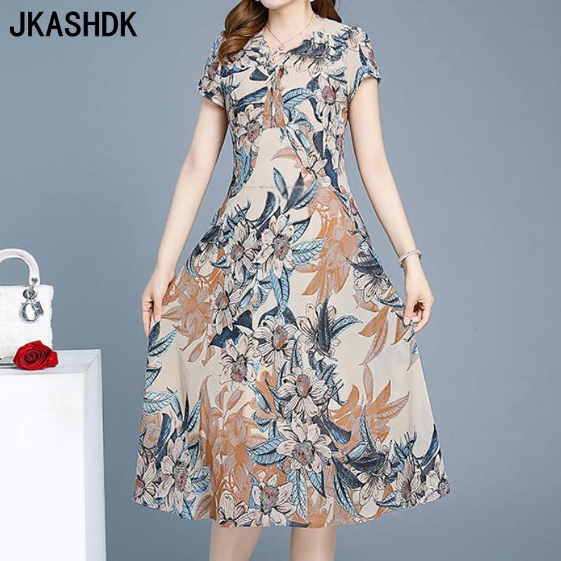 

JKASHDK Жіноча мода літо весна повсякденні сукні з квітковим візерунком з коротким рукавом і круглим вирізом із високою талією XXXXXL