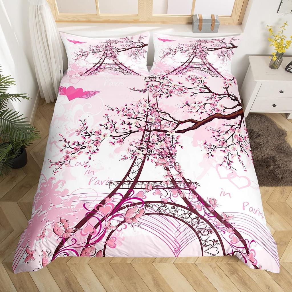 Comforter Romantic Eiffel Tower Microfiber Floral Bedding Set Paris Cityscape Twin Comforter For Girls Teen Adult Room