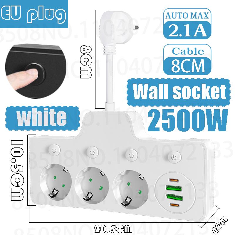 EU Plug Power Strip AC Outlets Multitap Electrical Wall Socket Extension Cord With USB C Ports Fast Charging Wall socket