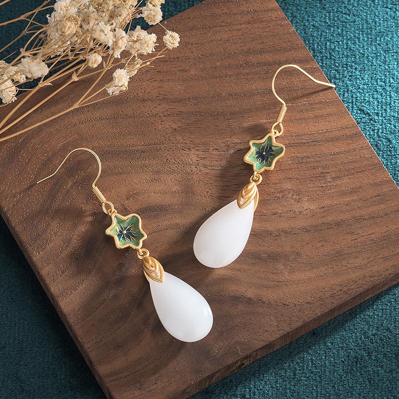 Chinese Retro Cloisonné Tassel Earrings with Hetian Jade
