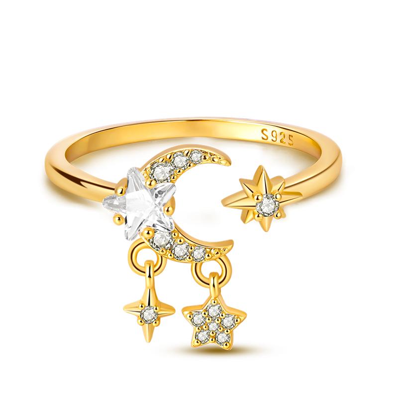 Authentic Copper Gold Plated Openring Star Shape Moon Pendant Ring for Women Accessory Fine Valentine Gift Anniversary Jewellery Set