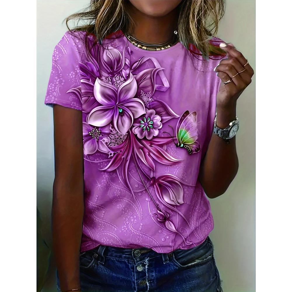 Women Flower Butterfly Printed Summer NEW Oversized T-Shirt Popular Clothes Clothing Short Sleeve