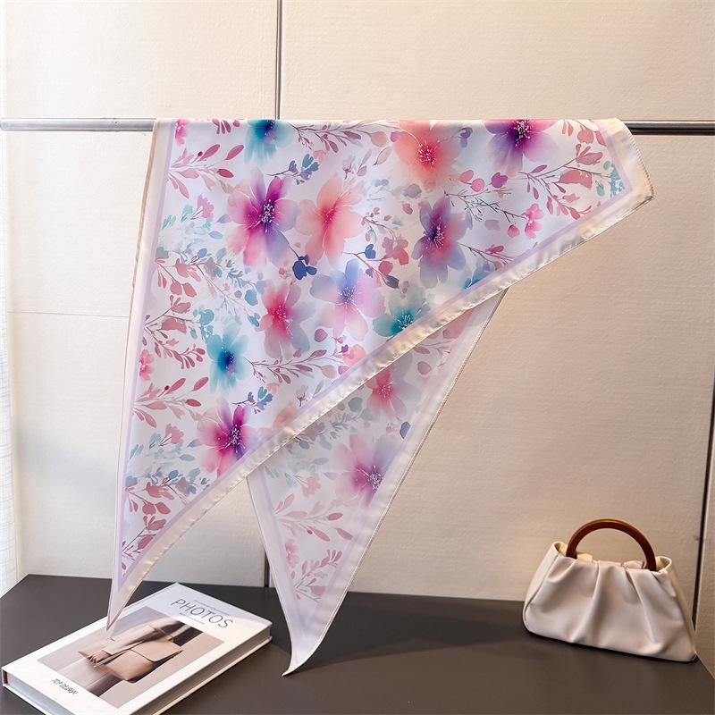 Sweet and fresh triangle scarf imitation silk printing sunscreen shawl tied waist scarf women's silk scarf scarf headscarf scarf