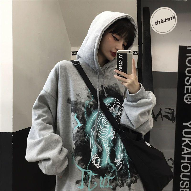Diablo Graffiti Smiley Print Sweater Men's Street Fleece-lined Thickened Loose Plus Size Hip-Hop Autumn and Winter Jacket