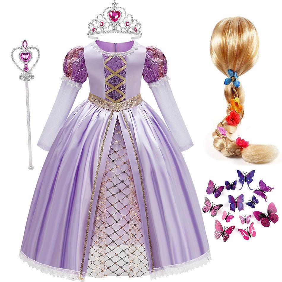 Lila Prinzessinnen-Netzkleid mit langen Haaren, Halloween-Märchenparty-Bühnenkleid für Mädchen