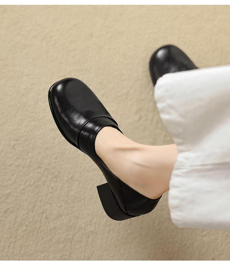 Retro All-Leather Loafers: First-Layer Cowhide, Chunky Heel, Round Toe, Deep Cut, Soft, Comfortable.