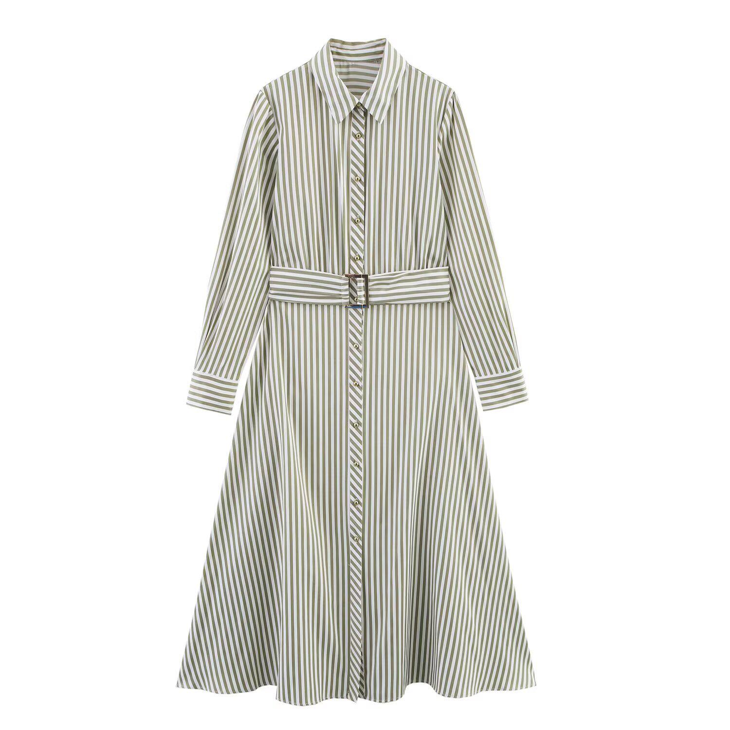 

2025 Spring/Summer Women s Striped Waist-Cinching Long-Sleeve Shirt Dress XS