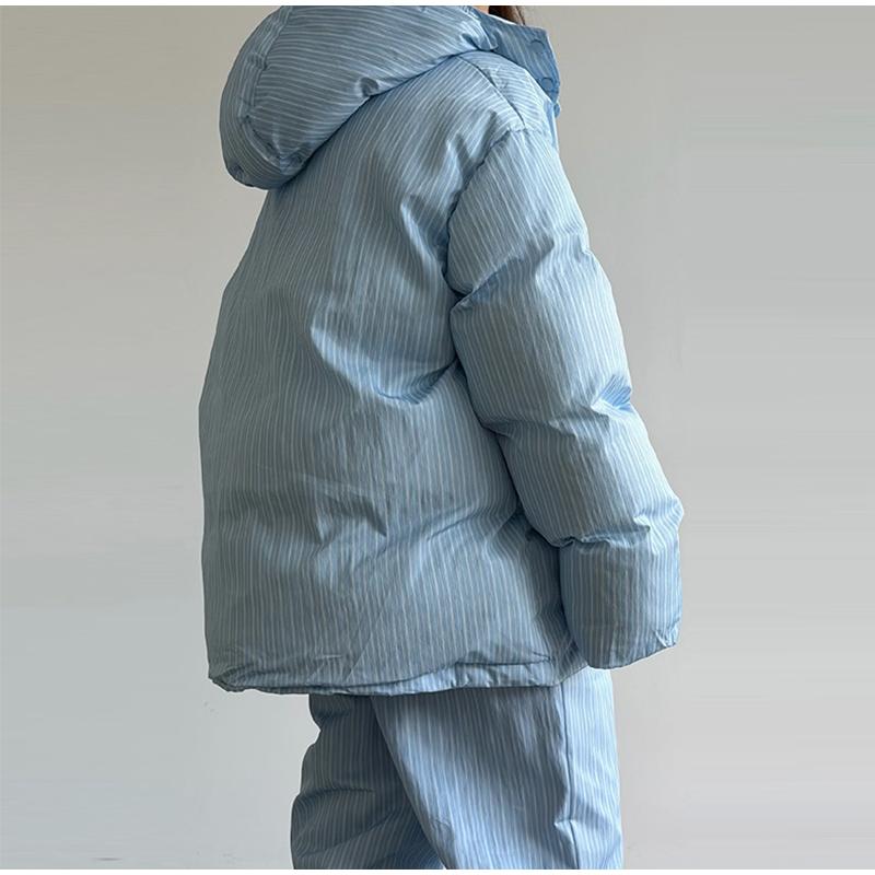 Casual Print Women Coats Pants Set Thicken Hooded Zippers Lace Up Coat Wide Leg Trousers Winter Lady Streetwear