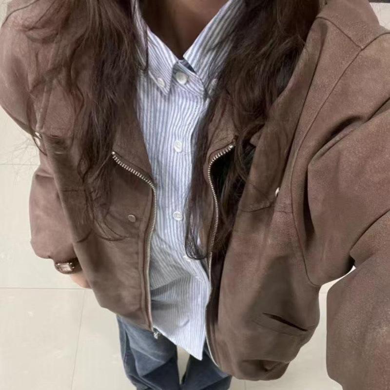 

Women s Retro Brown PU Leather Lapel Jacket - Spring/Autumn 2025 Emotional Couple Style M (Recommended 90-105 jin)