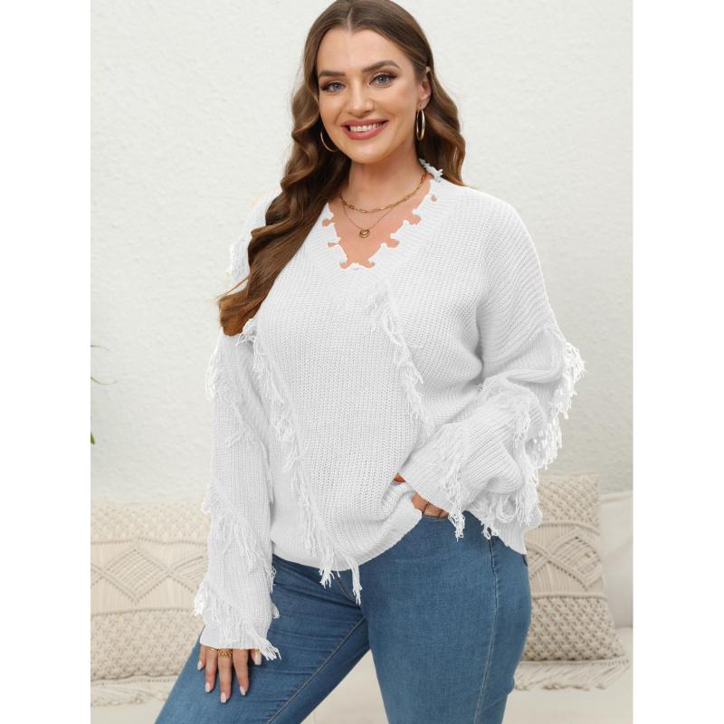 Женский вязаный свитер большого размера женский осенне-зимний новый с V-образным вырезом бахромой и кисточками сшивной пуловер 3XL белый 2519₽