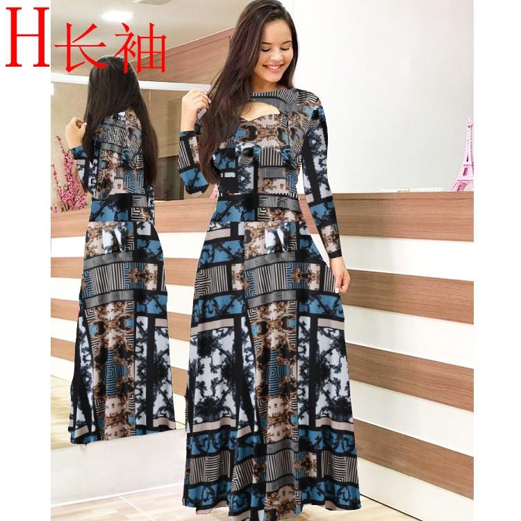 Women's Fashion Casual Bohemian Print Long-sleeved Pocket Dress Long Skirt