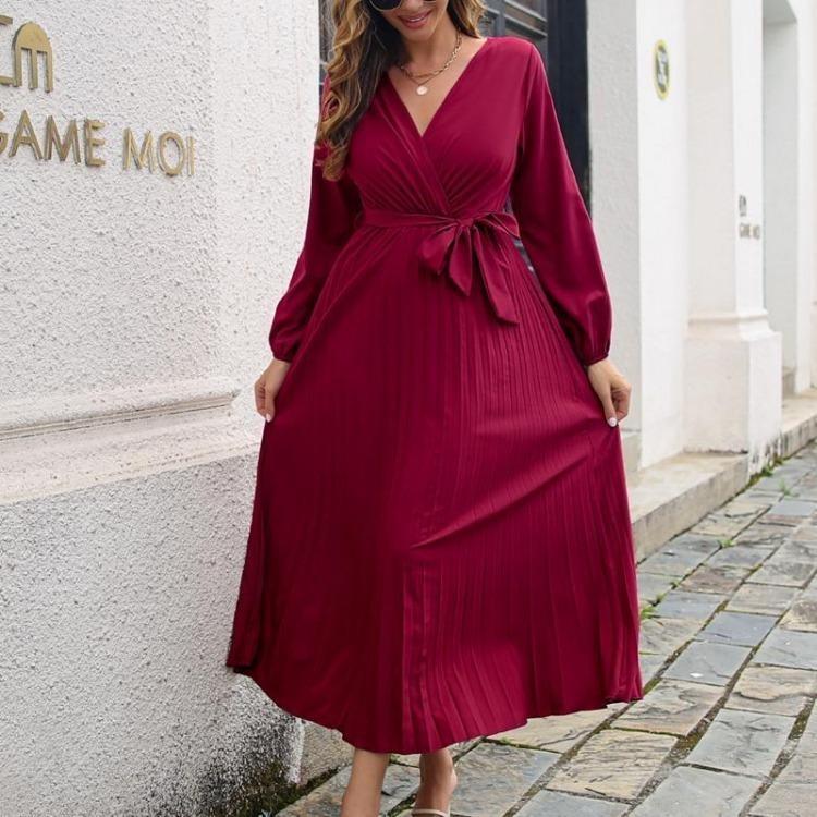 

Autumn Winter Women Solid Color Pleated Maxi Dress V Neck Long Sleeve Lace Up Temperament Sizes S to XXXL S бордовый