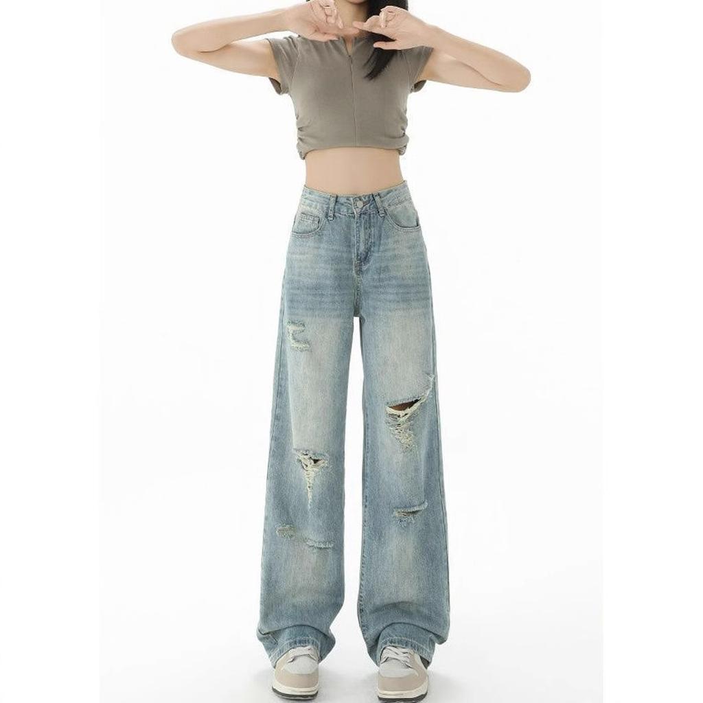 Comfortable Broken Jeans Women's Thin Washed Designed Sense High Waisted Slim Dragged Wide Legged Pants Long Pants Jeans for Women Long Denim Pants